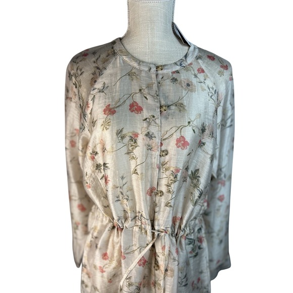 J Jill Linen Blend Sheer Floral Jacket Tunic Top M Barley Long Sleeve w/ Pockets - Picture 2 of 11